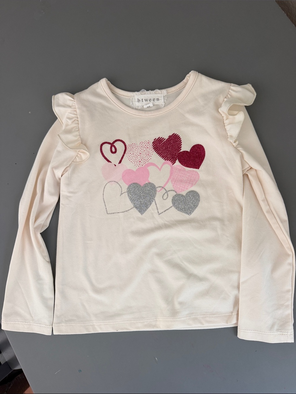 btween Cream Long Sleeve Top with Pink, Burgundy and Silver Heart Graphic
